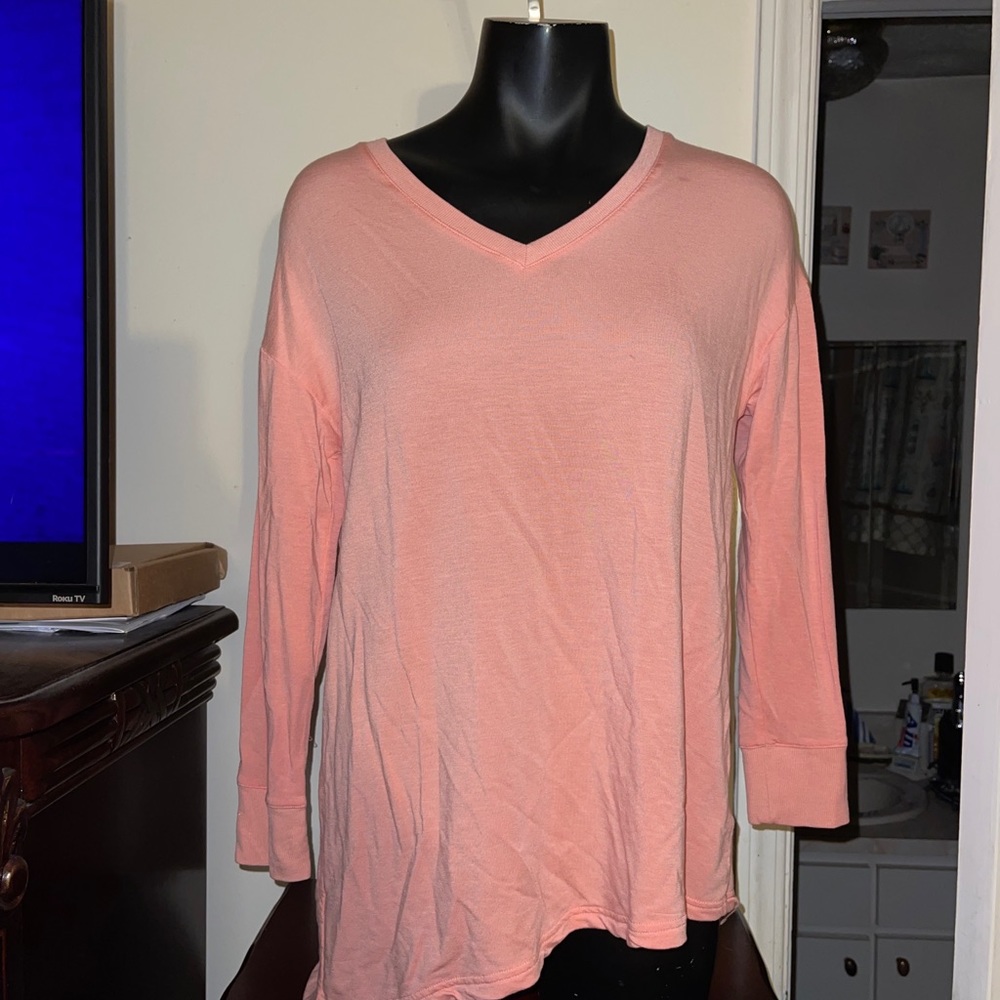 H by Halston Sz XXS Space Dye French Terry V-Neck Top Light Sweatshirt peach.